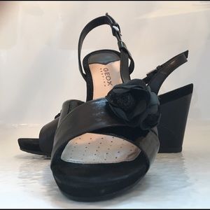 GEOX Respira Black leather tall wedge sandals